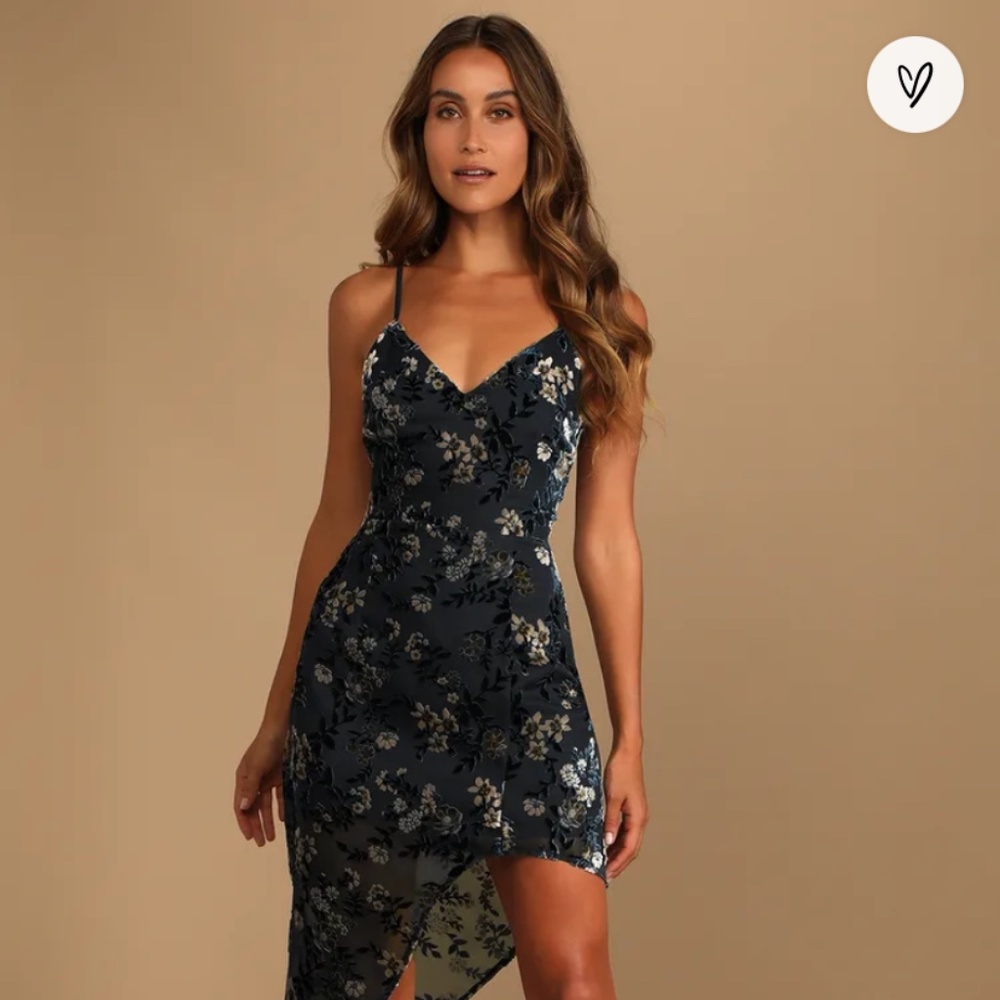 Lulu's Evenings with You Dark Teal Floral Velvet Asymmetrical Dress